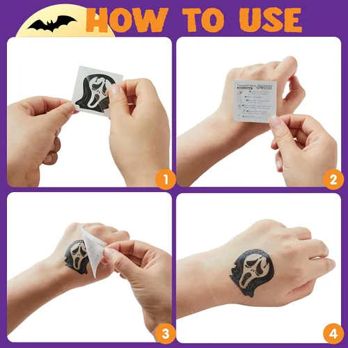 Miniatura 7 de JOYIN 144 tatuajes temporales brillantes de Halloween, 12 diseños luminosos de Halloween, calabaza, fantasma, calcomanías de tatuaje para niños