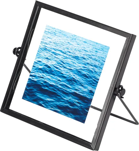 Moderno marco de fotos cuadrado de metal flotante con cubierta de vidrio y soporte de caballete, color negro, 4 x 4 pulgadas