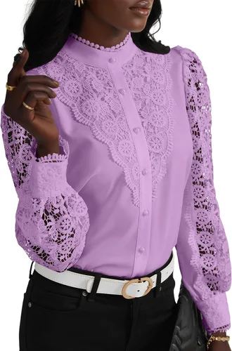 Miniatura 7 de Rooscier Blusa Elegante de Encaje de Crochet con Cuello Alto Simulado de Manga Larga con Botones para Mujer Top