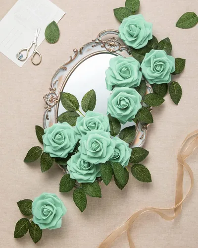 Miniatura 3 de DuHouse 25 rosas artificiales con tallos, flores de espuma de tacto real para bricolaje, ramo de boda, centro de mesa, arreglo floral, fiesta, Verde