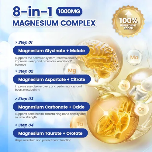 Miniatura 3 de Complejo de magnesio - 8 formas de magnesio elemental para una máxima absorción - Fórmula de alta potencia de 1000 mg - Apoya los huesos, músculos