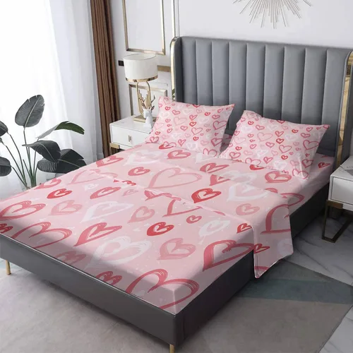 Miniatura 8 de H3-185 - Juego de sábanas de oveja tamaño Queen, diseño de corazón rosa, sábanas y fundas de almohada, 4 piezas, sábana bajera ajustable de Estilo A