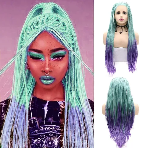 Pelucas trenzadas azules con encaje frontal para mujeres negras, con micro trenzas trenzadas, color degradado, menta, verde, azul, morado, peluca