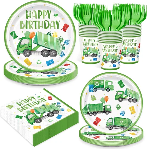 120 piezas de camión de basura, decoraciones de fiesta de cumpleaños, platos de camión de basura, servilletas, tenedores verdes, juego de vajilla
