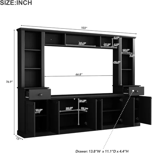 Miniatura 6 de Merax Minimalist 103" Entertainment Wall Unit Set with Overhead Bridge for TVs Up to 75", Modern Large Media Console with Adjustable Shelves, Ample