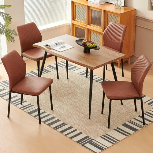 Miniatura 2 de Juego de mesa de comedor para 4, mesa de comedor rectangular irregular de madera moderna, sillas de comedor de cuero, 4 mesas y sillas, juego de 4