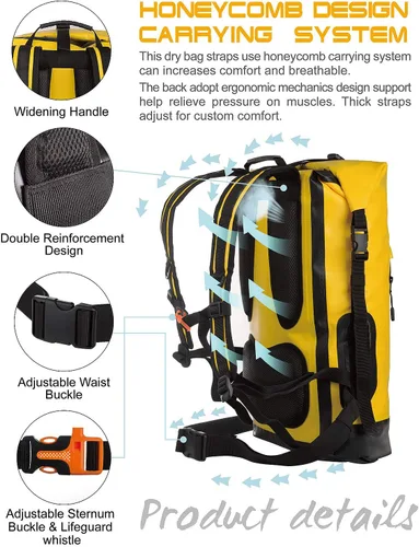 Miniatura 2 de IDRYBAG Mochila impermeable para hombres 5.28/7.93/10.57 galones, saco seco flotante para kayak, mochila seca para senderismo Amarillo