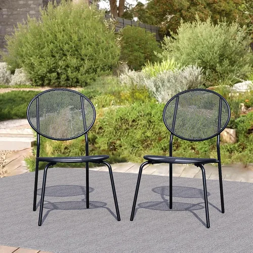 Miniatura 18 de Juego de 2 sillas de comedor para patio, sillas de comedor apilables negras para exteriores, juego de muebles de patio de metal para jardín, patio
