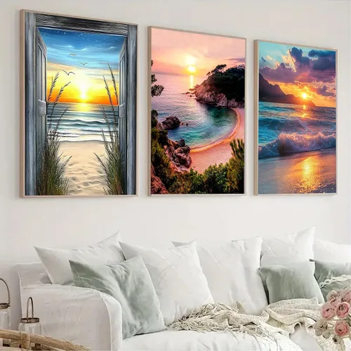 Miniatura 7 de Paquete de 6 kits de pintura de diamantes para adultos principiantes, juegos de arte de diamantes de playa 5D, pintura de amanecer redonda completa