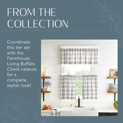 Miniatura 5 de Elrene Home Fashions Farmhouse Living Buffalo-Check Juego de cortinas de dos niveles para baño o cocina, 30" x 24" (Juego de 2 niveles), Gris/Blanco
