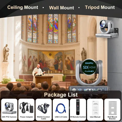 Miniatura 6 de Cámara PTZ 20X Zoom óptico 60fps HDMI USB SDI LAN PoE AI Seguimiento automático PTZ Cámara de conferencia para iglesia Transmisión en vivo