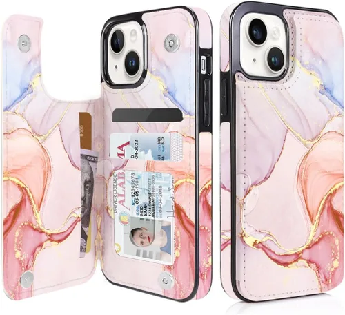 Miniatura 20 de uCOLOR Funda de piel con tapa para tarjetas compatible con iPhone 13 6.1, iPhone 14 6.1, mujeres y niñas con tarjetero y función atril