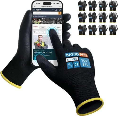 Miniatura 37 de KAYGO KG11PB - Guantes de seguridad con revestimiento delgado de poliuretano, tejido sin costuras, agarre suave en palma y dedos, para trabajo Verde