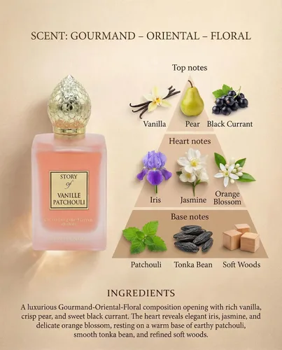 Miniatura 3 de Prince Parfums Dubai - Story of Vanille Pachuli para mujer - 3.4 onzas - Extrait de Parfum - Atractiva fusión floral de vainilla, pachulí y haba