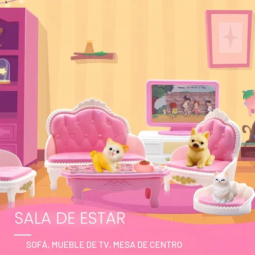 Miniatura 3 de Casa de muñecas, con sala de estar, dormitorio, baño, muebles de cocina, casa de muñecas de doble cara con 1 muñeca, 3 juegos de ropa, luces