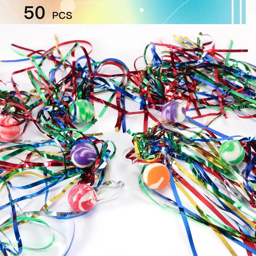Miniatura 3 de Pllieay 50 bolas de cometa, bolas inflables de colores surtidos con serpentinas coloridas, bolas de goma para recuerdos de fiesta de niños, premios