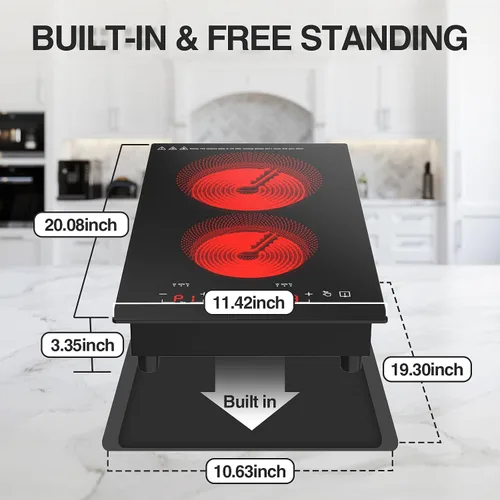 Miniatura 3 de Placa de cocina eléctrica, 2 quemadores, estufa eléctrica de 3000 W, enchufe de 12 pulgadas, encimera de quemador de 220 a 240 V y 9 niveles