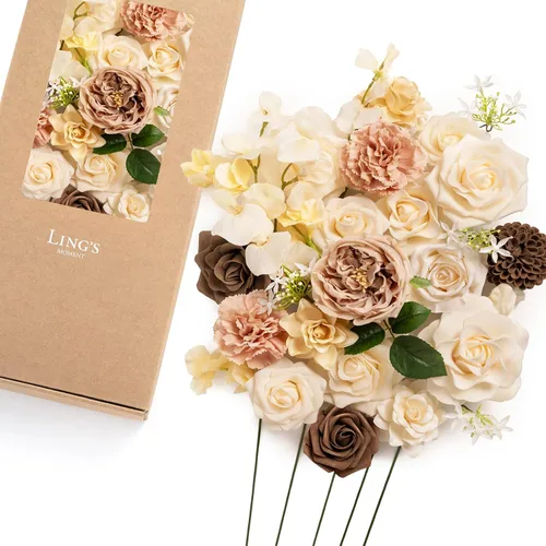Miniatura 15 de Ling's moment Caja de Flores Falsas, Tallos de Vegetación Artificial Falsa Rosas de Espuma Dalia Hortensia de Seda Peonía Flor de Tela para Centros