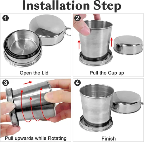 Miniatura 3 de 3 vasos de viaje plegables, platos y utensilios, vaso de camping de acero inoxidable con tapa: 74 ml, 139 ml, 244 ml, extensible y portátil
