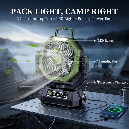 Miniatura 4 de AJVV Ventilador de campamento, batería oscilante, portátil, recargable, con luz y control remoto para campamento, al aire libre, corte de energía