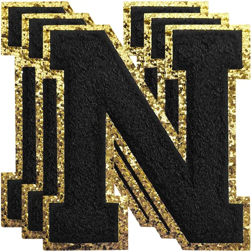 Miniatura 102 de 3 parches de números de chenilla negra, tamaño grande de 4-1/2" parches de números para planchar, parches universitarios para ropa, 8" Borde oro rosa