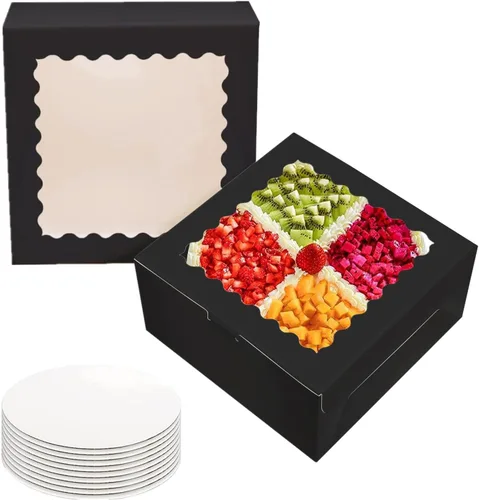 10 cajas para pasteles de 10 pulgadas con tablas para pasteles y cinta negra, cajas de panadería con ventana de 10 x 10 x 5 pulgadas, recipientes