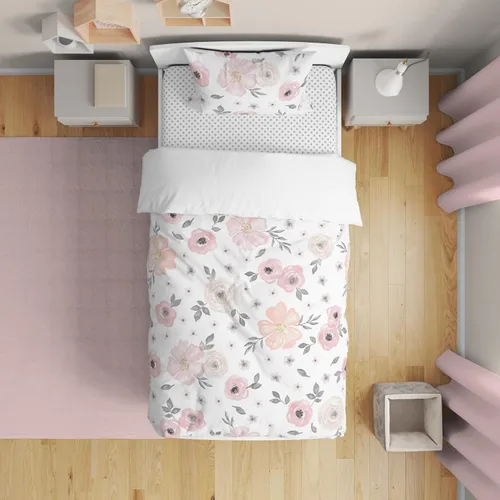 Miniatura 2 de Sweet Jojo Designs Juego de ropa de cama de 5 piezas de edredón, funda y sábanas con diseño de lunares y flores de rosa Acuarela rosa y gris