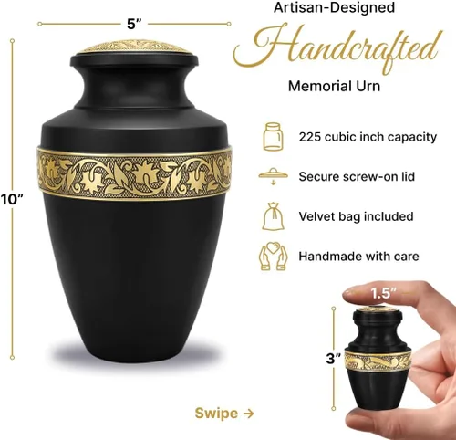 Miniatura 2 de Juego de 6 urnas funerarias decorativas negras y doradas personalizadas/grabadas para cenizas humanas, hombres y mujeres, con 1 urna grande