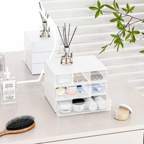 Miniatura 6 de Gonice Organizador de escritorio apilable de 3 niveles con 6 compartimentos, organizador de cajones apilables de plástico blanco para oficina