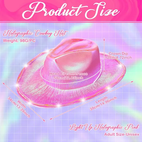 Miniatura 3 de Geyoga 6 piezas de sombrero de vaquero holográfico rosa para mujer, sombrero metálico para rave, sombrero de vaquero brillante, accesorios de fiesta