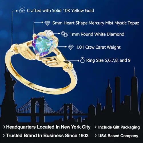 Miniatura 60 de Gem Stone King Anillo de compromiso claddagh celta irlandés de oro amarillo de 10 quilates con piedra preciosa en forma de corazón de 0.236 in