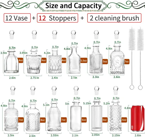 Miniatura 2 de Botellas de vidrio transparente con tapas, jarrones a granel, juego de 12 mini jarrones de flores para decoración de mesa, botella pequeña