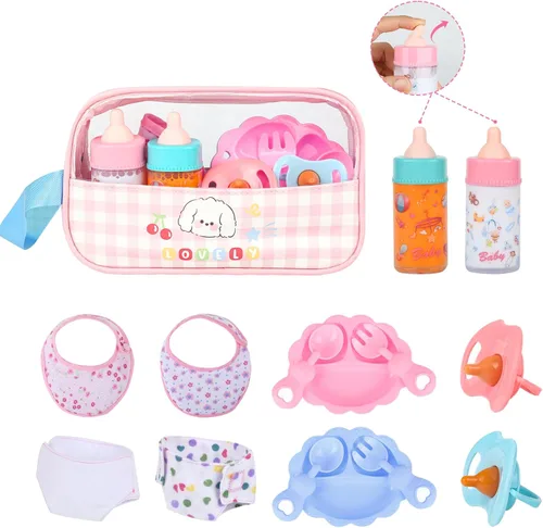 Miniatura 9 de CARANOVO Juego de accesorios para muñecas de bebé, 7 piezas, juego de alimentación y cuidado con botellas mágicas que desaparecen, chupete, pañales