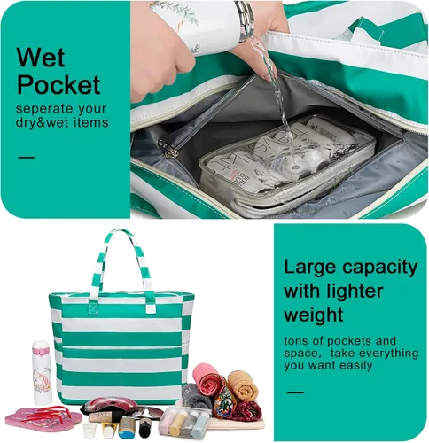Miniatura 3 de Bolsa de playa y piscina para mujer, grande, bolsa de gimnasio con compartimento húmedo para viajes, impermeable