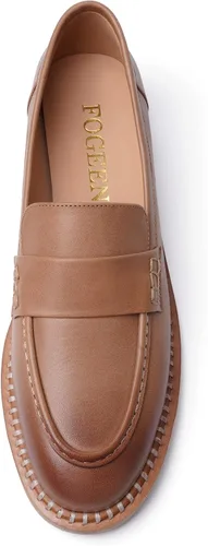 Miniatura 3 de FOGEENA Mocasines de cuero mate para mujer, estilo casual, sin cordones, punta redonda, tacón bajo grueso, zapatos de vestir de 1 pulgada