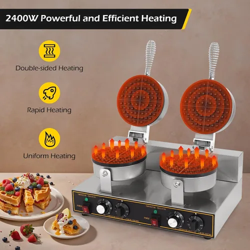 Miniatura 7 de Dyna-Living Máquina de gofres doble de 2400 W, para restaurante, antiadherente, redonda, waflera comercial, máquina de gofres grande para hotel