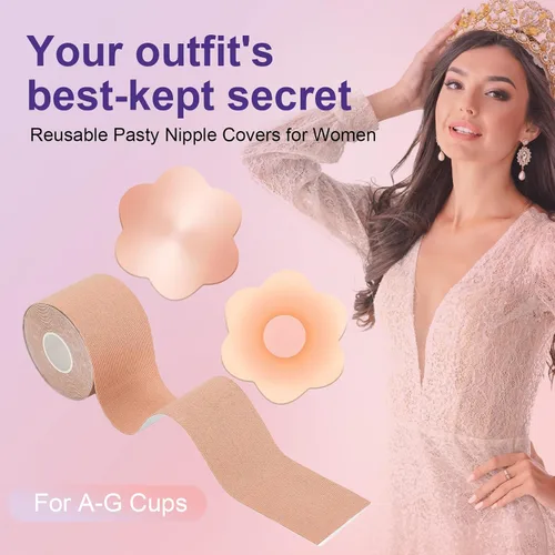 Miniatura 7 de Kit de cinta adhesiva para senos Boobytape para levantamiento de senos con 1 cinta corporal, 2 pétalos de pecho de silicona, 12 calcomanías