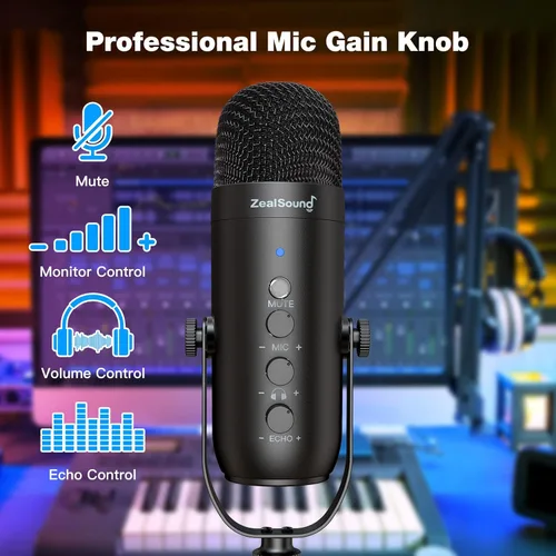 Miniatura 5 de ZealSound Micrófono de podcast con brazo de brazo, micrófono USB con reducción de ruido, silencio, eco y control de volumen, monitoreo de latencia