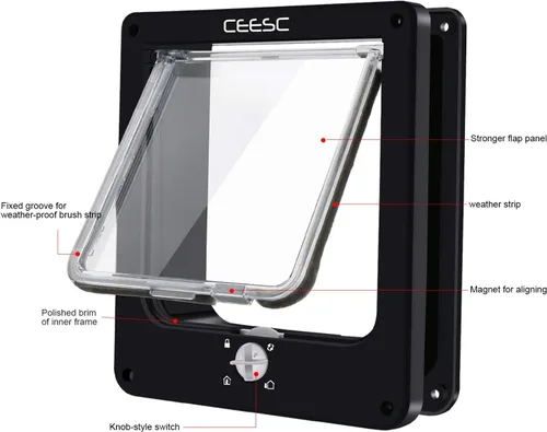 Miniatura 5 de CEESC - Puerta grande para gatos para puerta interior/exterior, resistente a la intemperie, negra, puerta para mascotas con bloqueo giratorio de 4