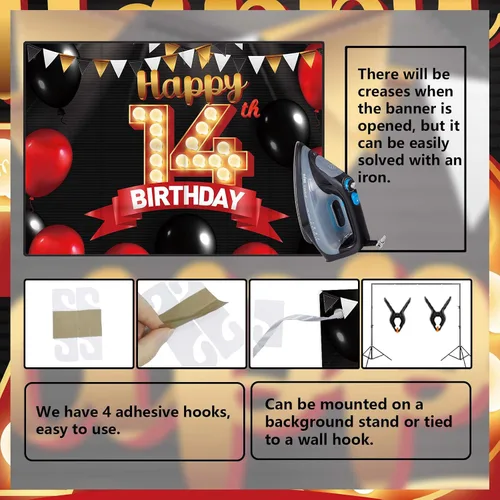 Miniatura 4 de FlagY-Bn-14 - Cartel de feliz cumpleaños número 14, decoración de pancarta negra, telón de fondo dorado, globos rojos y negros, decoración temática