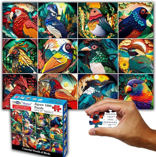 Think2Master Rompecabezas de 1000 piezas de pájaros coloridos. Estilo artesanal de corte de papel. Diversión para adolescentes, personas mayores y