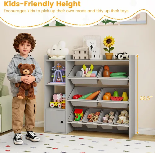 Miniatura 7 de HONEY JOY Organizador de almacenamiento de juguetes para niños, armario de madera de 44 pulgadas de largo con 8 contenedores extraíbles, estantes