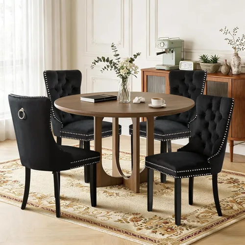 Miniatura 90 de Juego de 4 sillas de comedor de terciopelo, sillas de comedor tapizadas con ribete de cabeza de clavo y patas de madera maciza para cocina