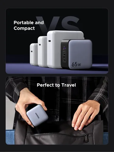 Miniatura 6 de UGREEN Adaptador de viaje USB C de 65 W, cargador rápido plegable con enchufes de EE. UU./Reino Unido/UE, adaptador de corriente internacional de 3