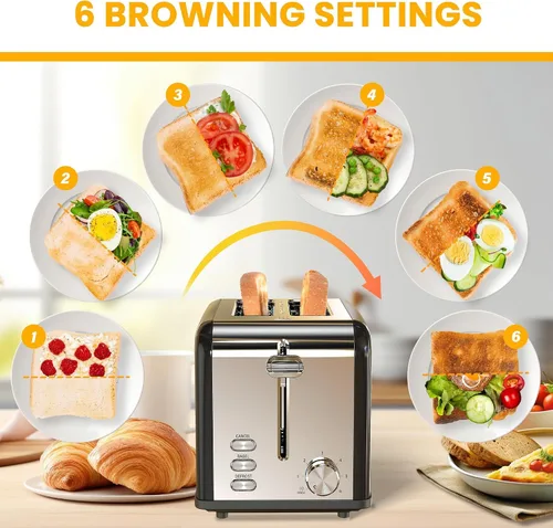 Miniatura 6 de Simple Deluxe Tostadora de 2 rebanadas, 6 ajustes de tostado y tostadora de acero inoxidable de 3 funciones, ranura extra ancha y bandeja extraíble