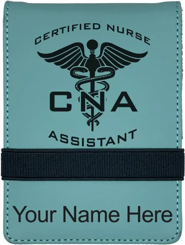 LaserGram Mini padfolio con bloc de notas y bolígrafo, asistente de enfermera certificada por la CNA, grabado personalizado incluido (verde azulado)