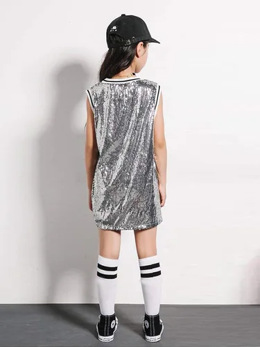 Miniatura 5 de LOLANTA Ropa de baile Hip Hop para niñas, vestido de lentejuelas para niños, camiseta larga sin mangas, disfraz de jazz, camiseta de animadora