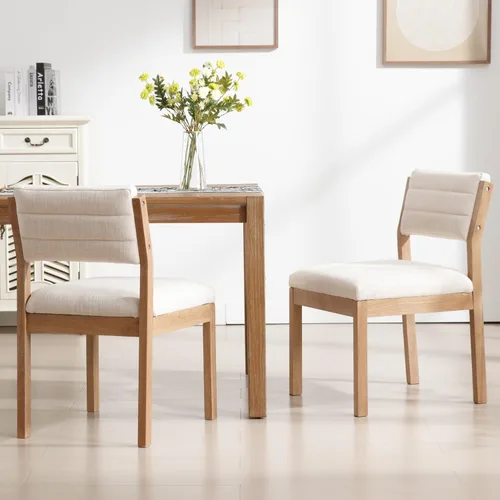 Miniatura 3 de RIVOVA Juego de 2 sillas de comedor de lino, cómodas sillas de cocina tapizadas con patas de madera, sillas de cocina modernas de mediados de siglo