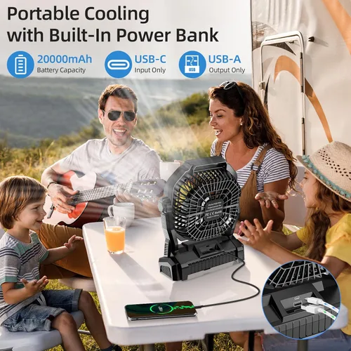 Miniatura 3 de Ventilador de camping recargable, ventilador portátil con batería de 20000 mAh con luz LED y gancho, 4 velocidades ajustables a 270°, esenciales
