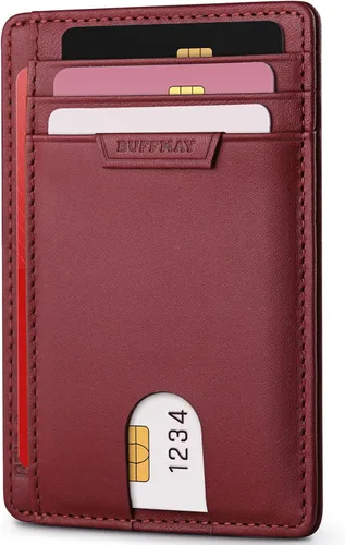 Buffway Cartera delgada para hombres y mujeres, minimalista, pequeña, de cuero, con bolsillo frontal, con bloqueo RFID y caja de regalo, Bassa Mars